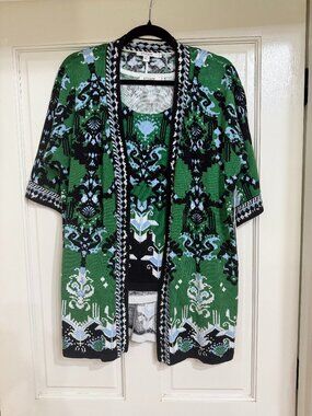 New with Tags $189 Chico's 2pc Green/Black/White/Blue Sweater Set sz 0